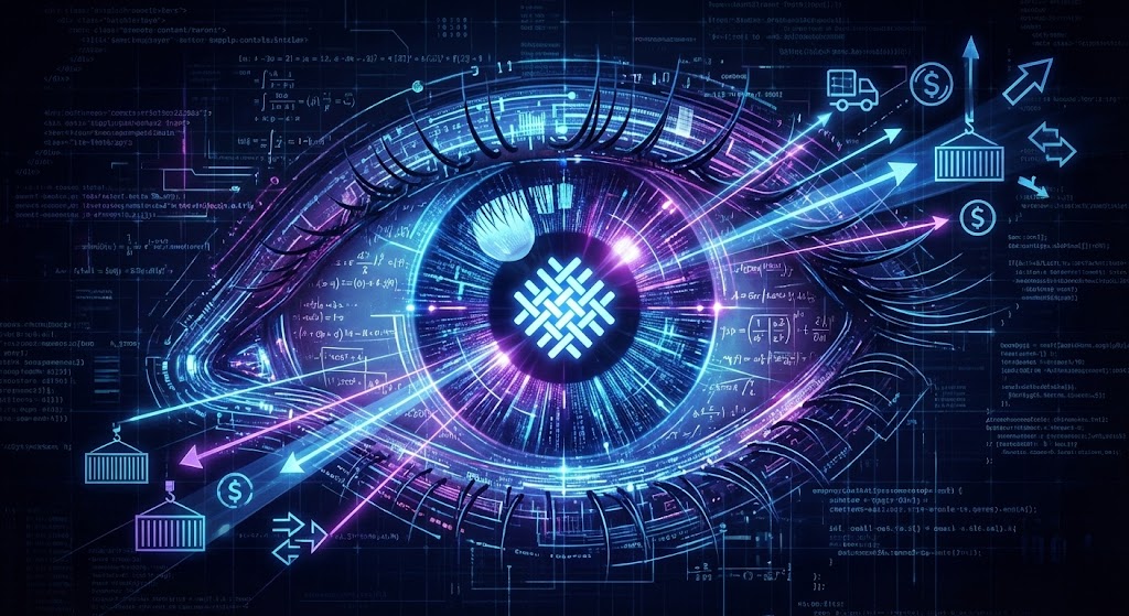 WeftWarps logo inside a digital eye analyzing global shipping, currency flow, and logistics data